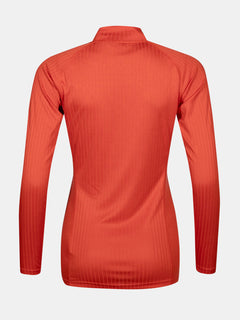 Bakifrån på Halti Dual Underställ Set Dam: långärmad orange, subtila ränder, återvunnen polyester.