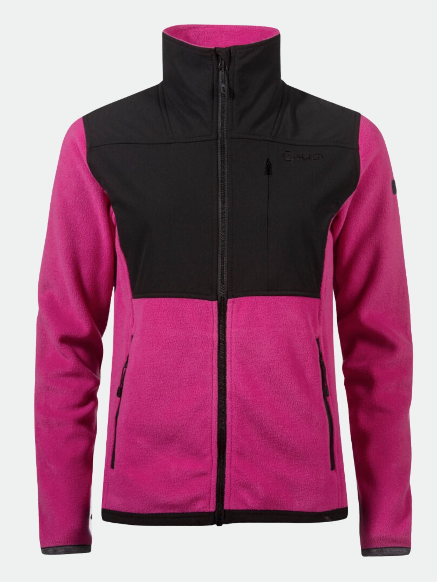 Halti Pioneering Dam Fleecejacka i rosa med svart kant, dragkedja fram, fickor med dragkedja, tillverkad av återvunnen polyester.
