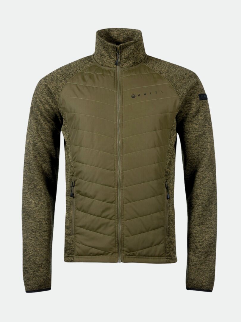 Framsida på Halti Streams Hybrid Mellanlager Herr i olivgrönt med quiltade paneler och texturerade ärmar.