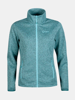 Halti Streams Mellanlager Dam i blågrön fleece har hög krage, långa ärmar och justerbar nederkant.