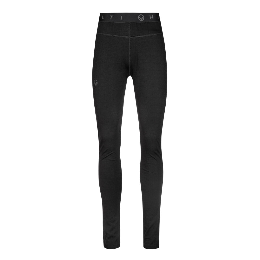 Halti Pihka II Merinoull underställsbyxor dam, svarta tights med resårmidja, frontvy mot vit bakgrund.