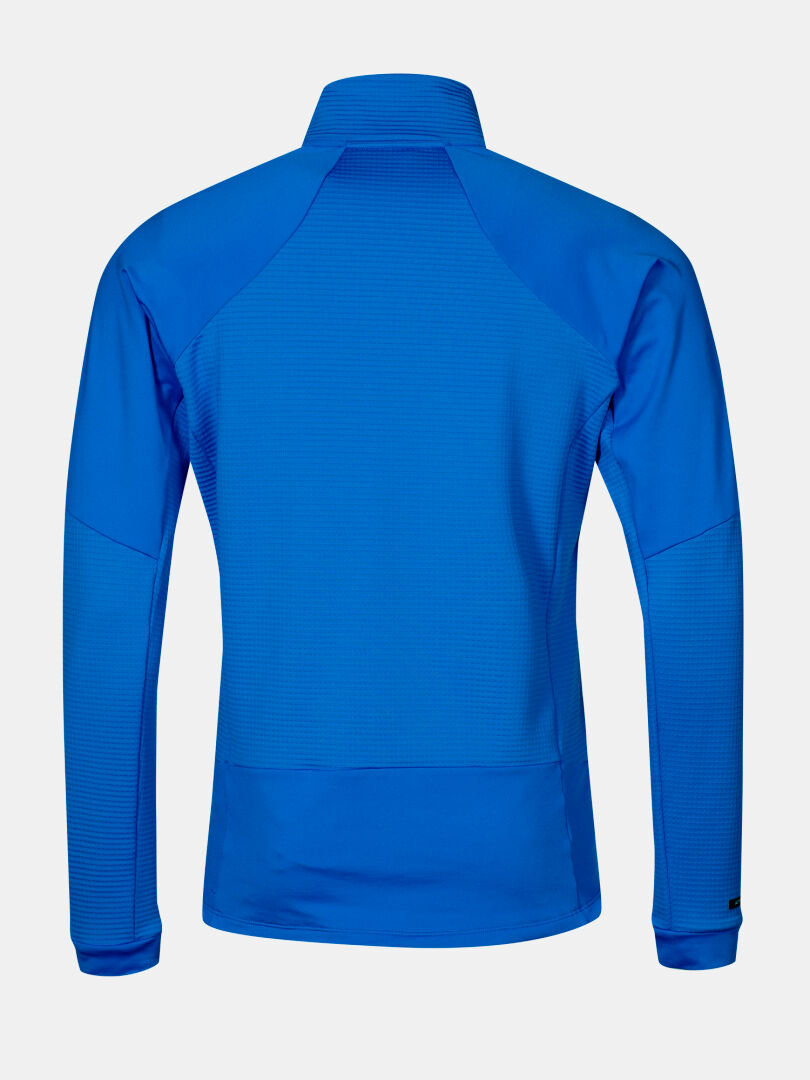 Bakifrån på Halti HeatGrid Mellanlager Herr, långärmad ljusblå mock neck, perfekt mellanlagerjacka.
