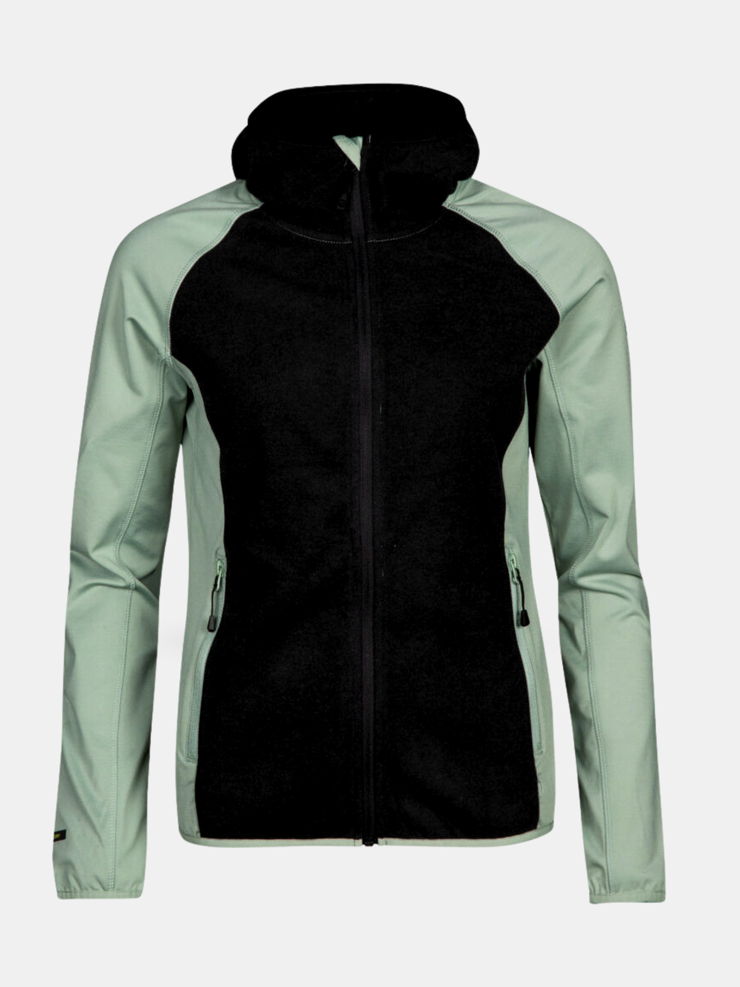 Halti Circuit II Huvtröja Dam är en tvåfärgad hoodie med svart front, mintfärgade ärmar och ventilerande Active Dry-material.