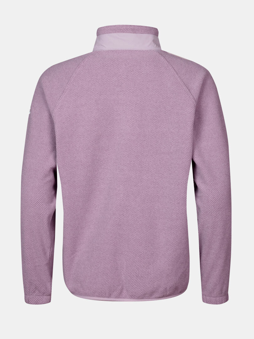 Bakifrån Halti Soolo Mellanlager Dam i ljuslila med strukturerat tyg och ståkrage mot en enfärgad bakgrund.