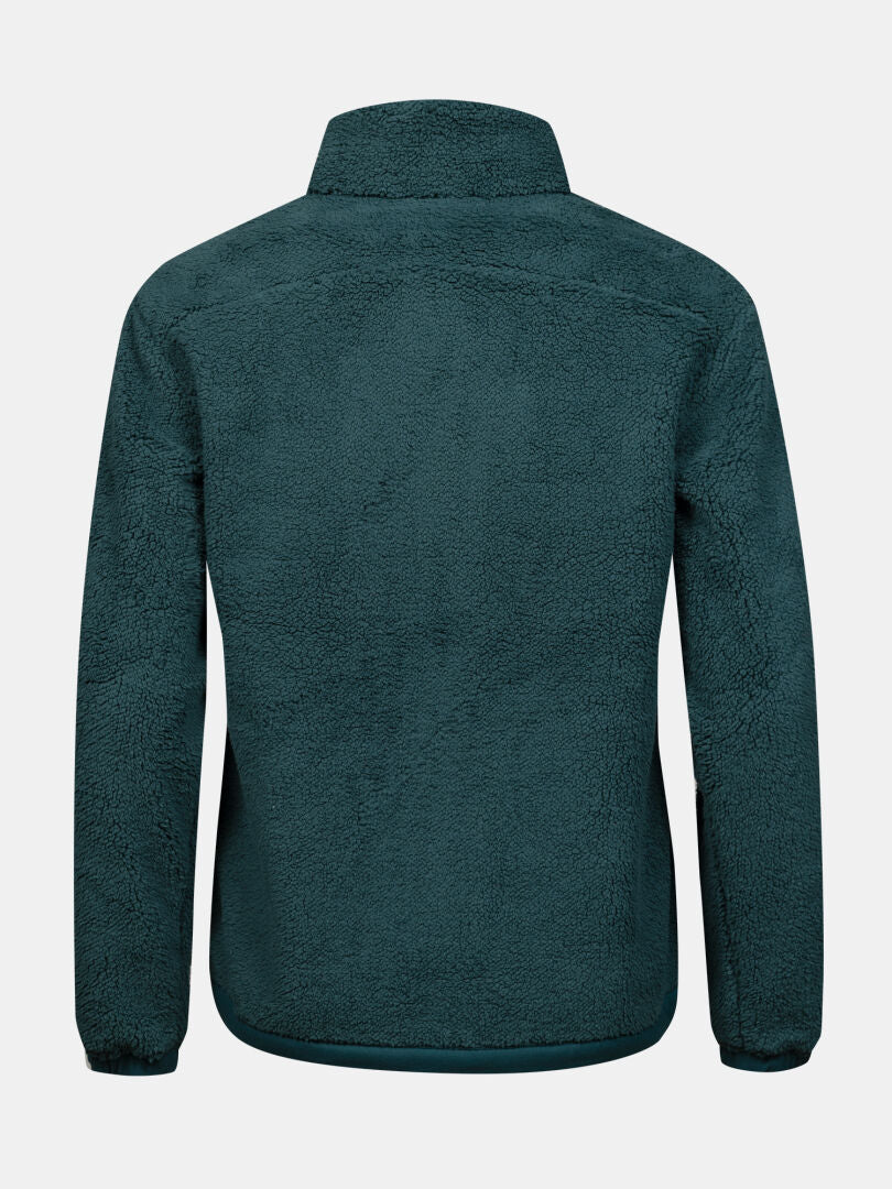 Baksidan av Halti Lumista Polar Fleecejacka för dam i färgen teal, med långa ärmar, ståkrage och elastiska ärmslut, på vit bakgrund.