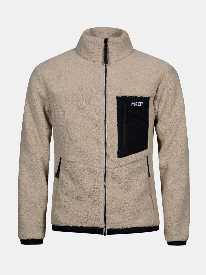 Halti Lumista Polar fleecejacka herr, beige med svart dragkedja, vindtät och perfekt för vandring.