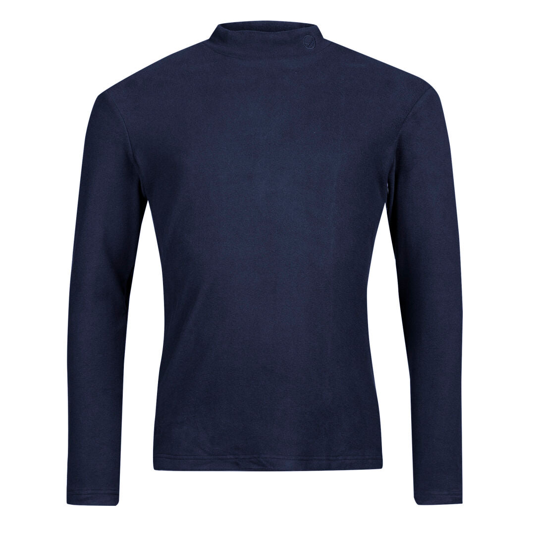 Halti Trone Fleece Tröja Herr: en enfärgad marinblå mock neck fleece för en aktiv livsstil, på vit bakgrund.