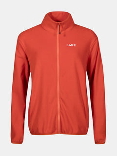 Halti Rockmoon Fleecejacka Dam är en orange zip-up med hög krage, stretchfleece och logotyp på vänster bröst.