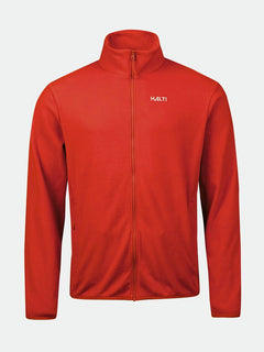 Halti Rockmoon Fleecejacka Herr är en röd fleece med dragkedja, långa ärmar, hög krage och logotyp på bröstet.