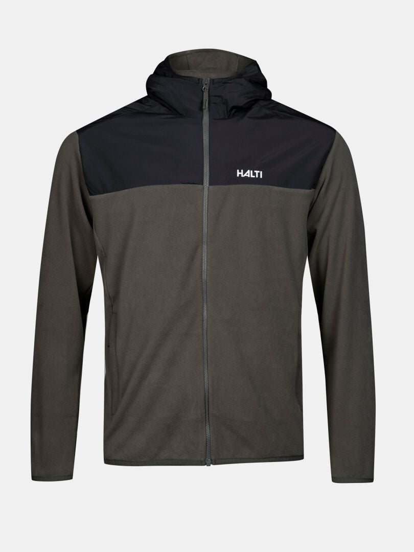 Halti Rockmoon Fleecehoodie Herr: Mörkgrå med huva, svarta paneler och logotyp – perfekt som mellanlager.