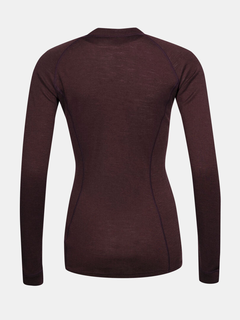 Halti Hossa II Merino Underställ Set Dam, långärmad och figurnära i mörk rödbrun färg, här bakifrån på vit botten.