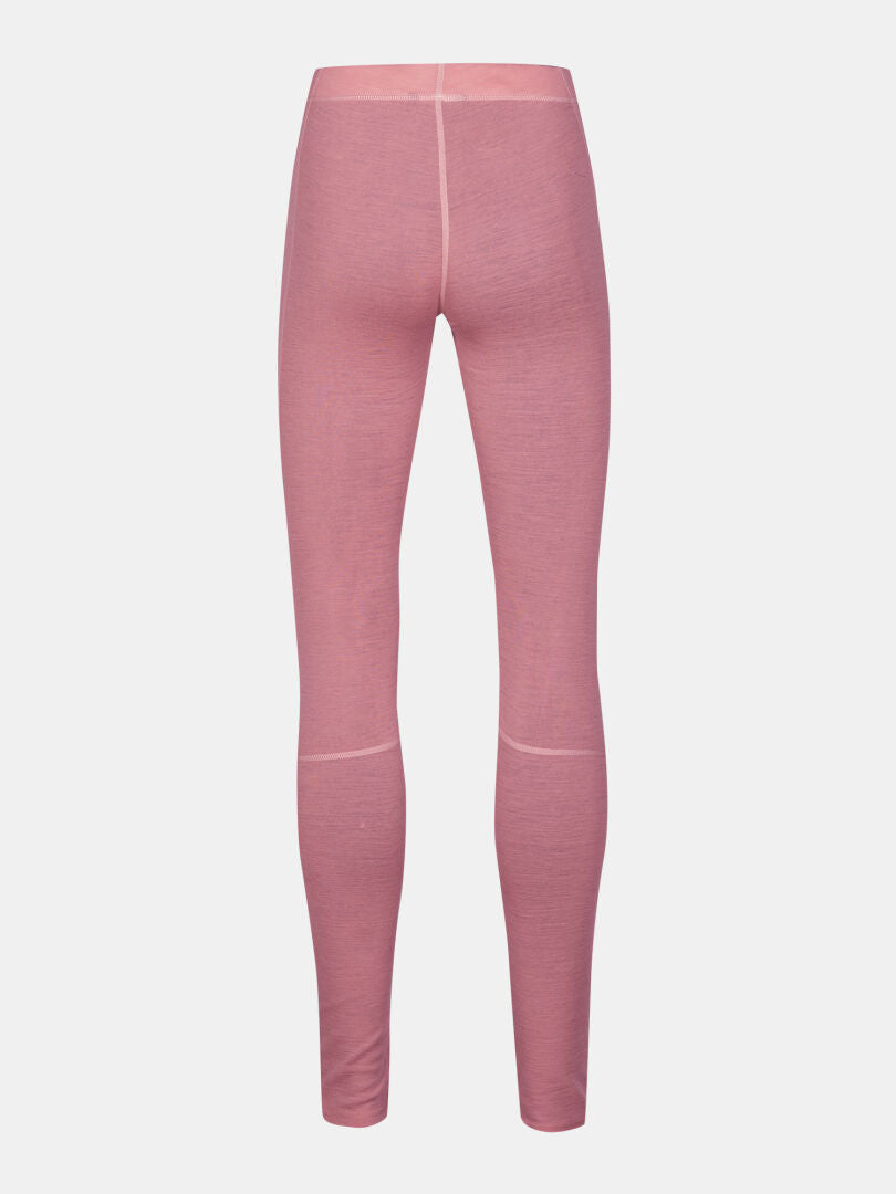 Halti Hossa II Merino-underklädeset för dam – rosa långa leggings, perfekta som baslager för friluftsliv. Bilden visar baksidan.
