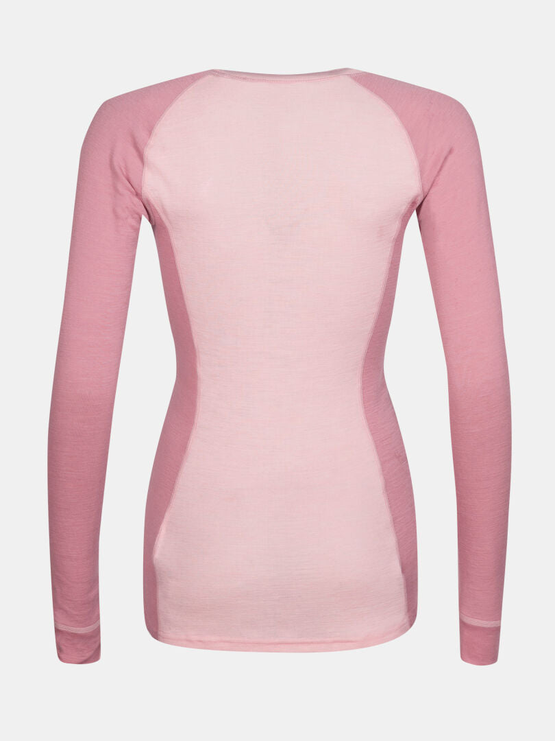 Bakifrån på Halti Hossa II Merino Underställ Set Dam, långärmad färgblocksskjorta i rosa och mauve för kvinnor.