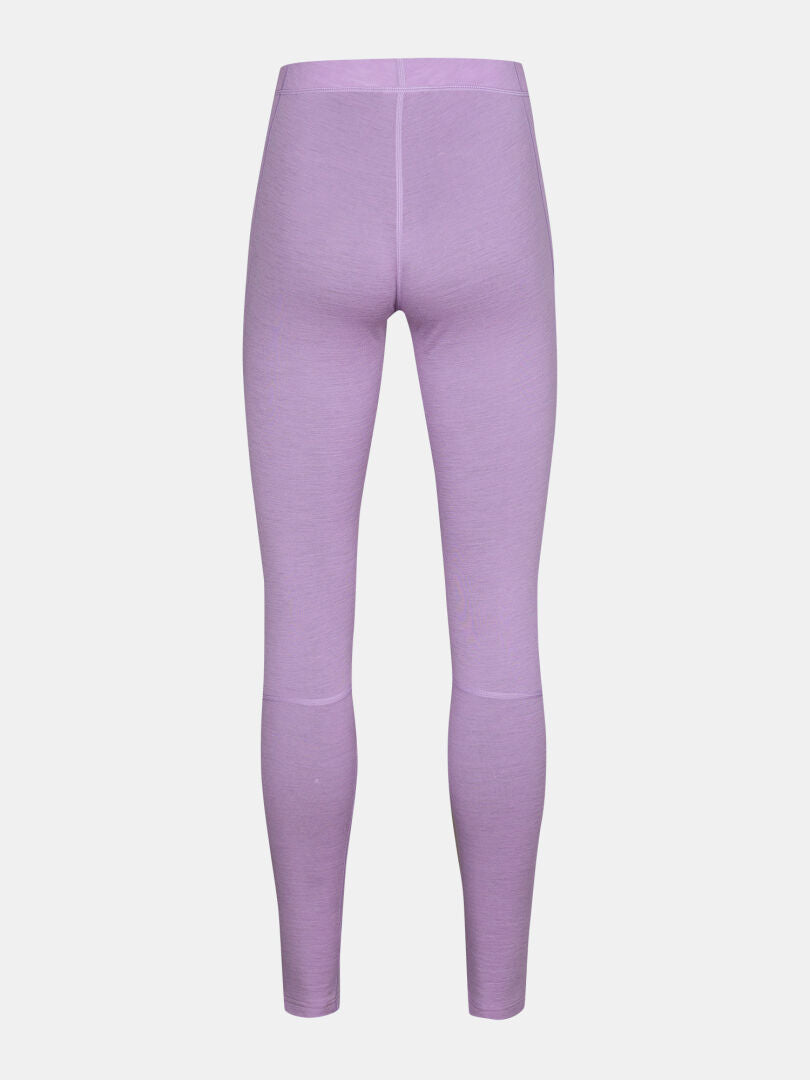 Baksidan av Halti Hossa II Merino-underkläder för damer, leggings med hög midja, i lavendelfärg mot en enfärgad vit bakgrund.