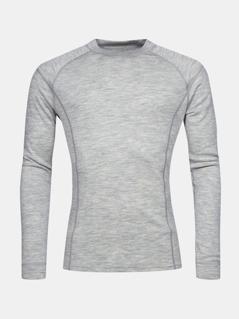 Halti Hossa II Merino Underställ Set Herr, ljusgrå långärmad crew neck, visas på en vit bakgrund.