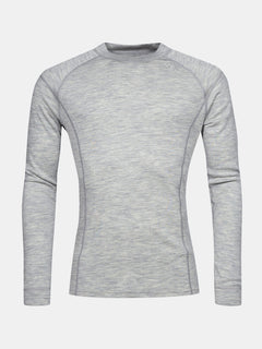 Halti Hossa II Merino Underställ Set Herr, ljusgrå långärmad crew neck, visas på en vit bakgrund.