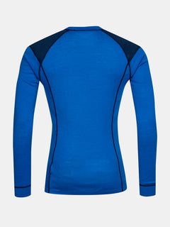 Halti Hossa II Merino Underställ Set Herr är en blå långärmad herrtröja med mörka axelpartier och svarta sömmar.