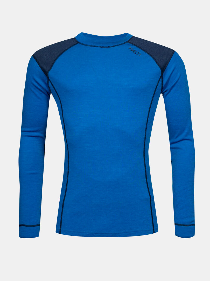 Halti Hossa II Merino Underställ Set Herr har blå långa ärmar, mörka axelpartier och svarta sömmar, bakifrån sett.