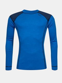 Halti Hossa II Merino Underställ Set Herr har blå långa ärmar, mörka axelpartier och svarta sömmar, bakifrån sett.