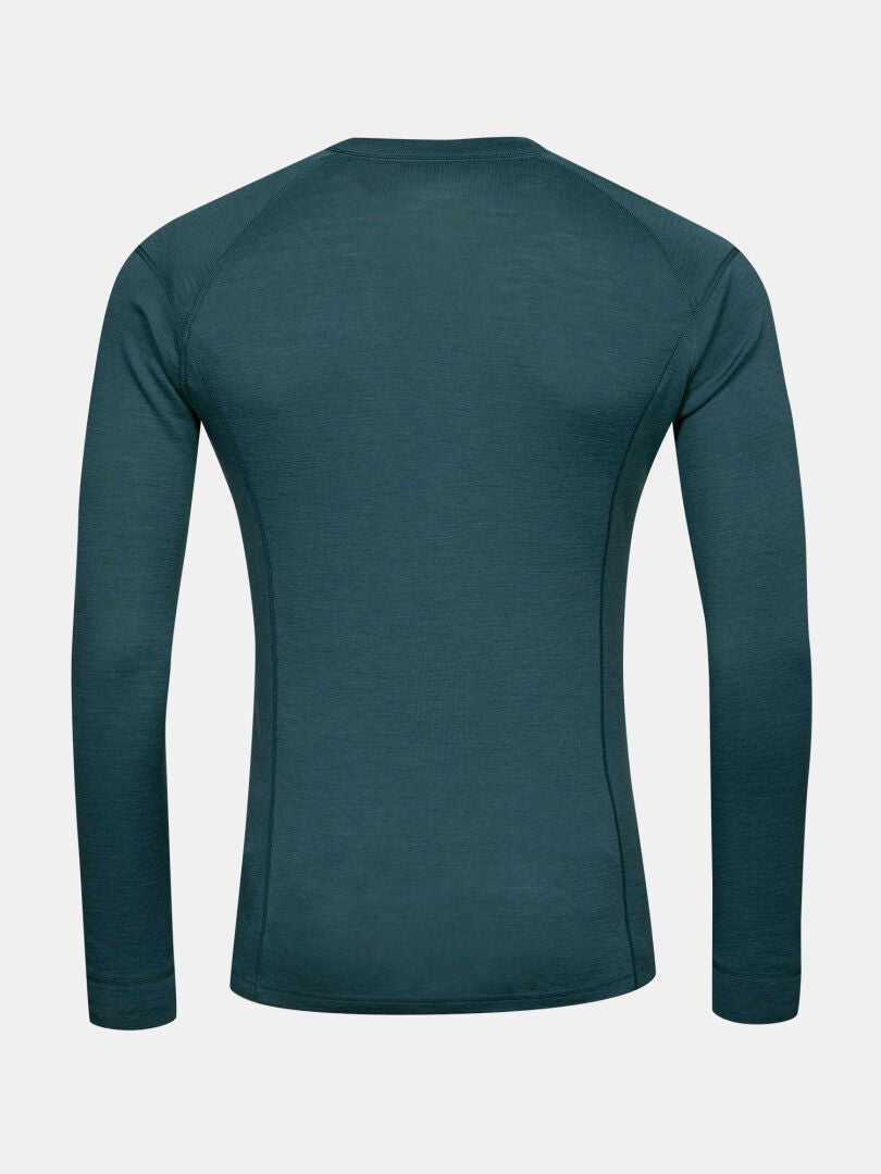 Halti Hossa II Merino-underklädeset för herr i färgen teal, långärmad tröja med rund hals, avbildad bakifrån mot vit bakgrund.
