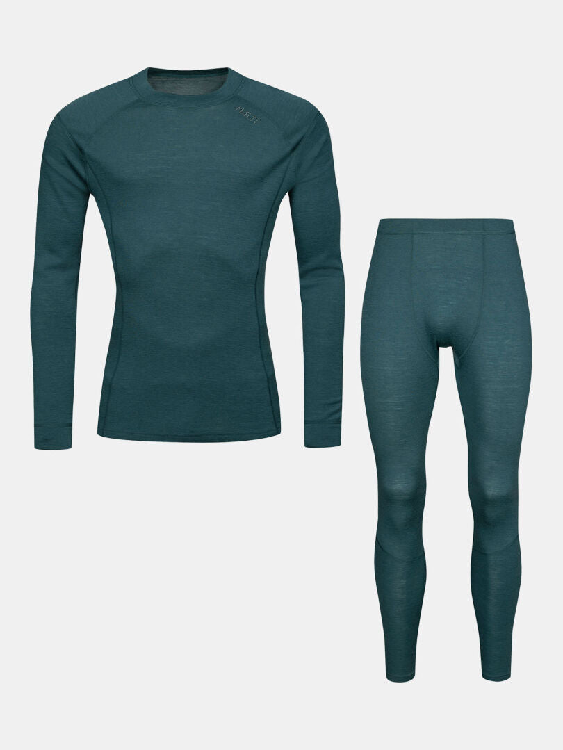 Halti Hossa II Merino-underklädeset för herr med långärmad tröja och leggings, avbildat mot vit bakgrund.