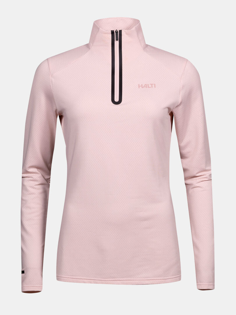 Halti Jaako Tröja Dam är en ljusrosa långärmad sporttopp med halv dragkedja, Active Dry Sport Knit och logotyp på bröstet.