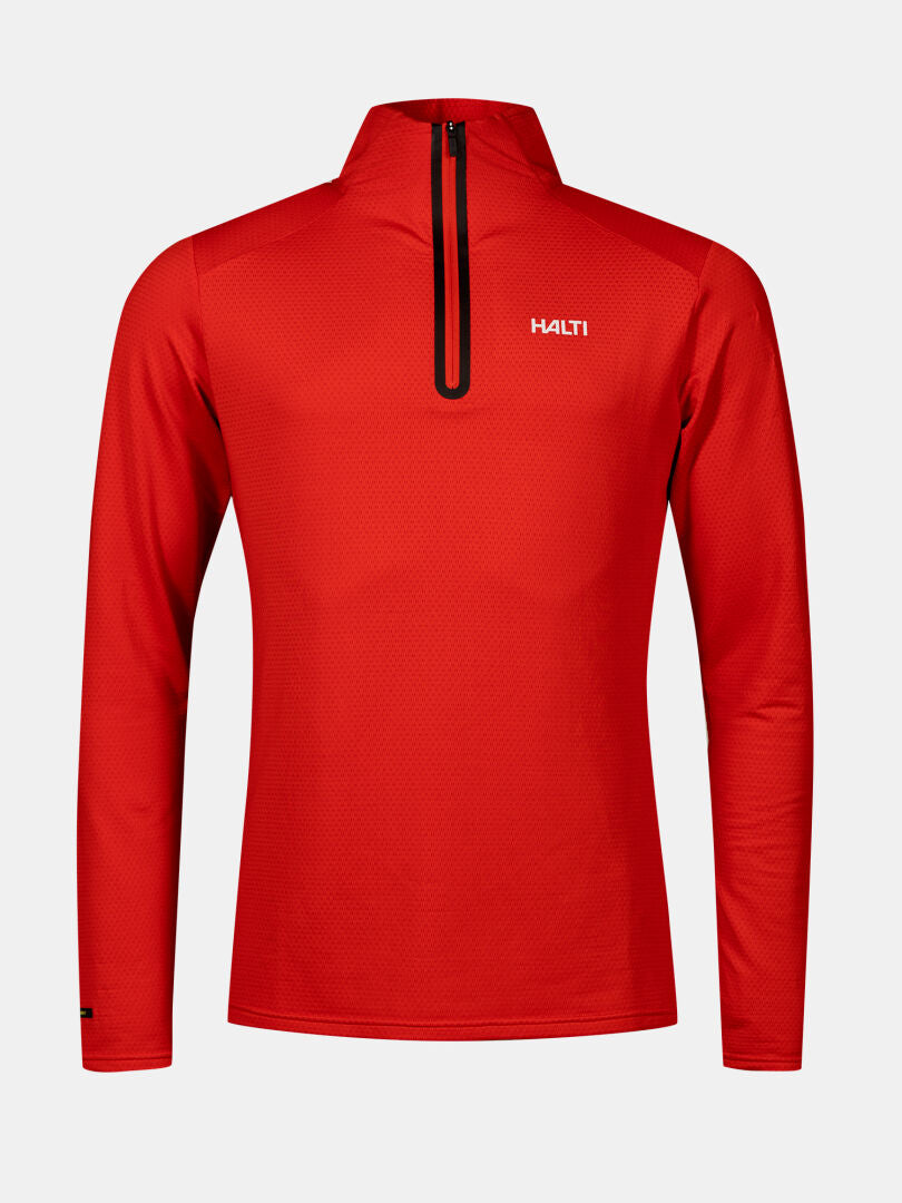 Halti Jaako Tröja Herr är en röd Active Dry pullover med dragkedja för herrar med logotyp på bröstet och svart dragkedja.