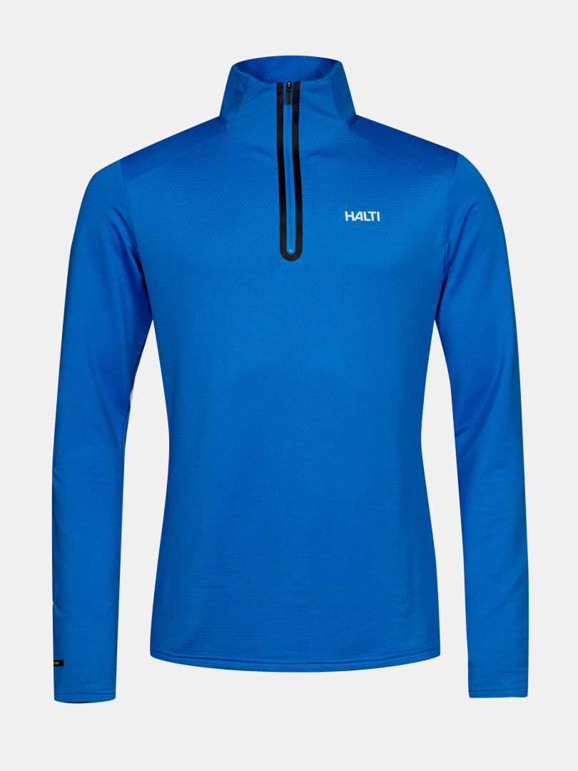 Jaako Tröja Herr från Halti är en blå herrtröja i Active Dry Sport Knit med halv dragkedja, tillverkad av återvunnet tyg.
