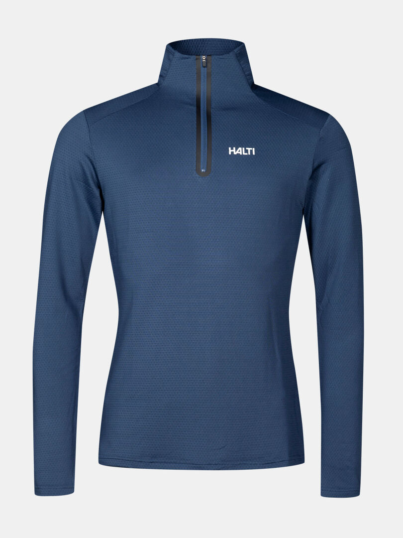 Jaako Tröja Herr från Halti är en blå herrtröja med halv dragkedja i Active Dry Sport Knit återvunnet tyg med logotyp på bröstet.