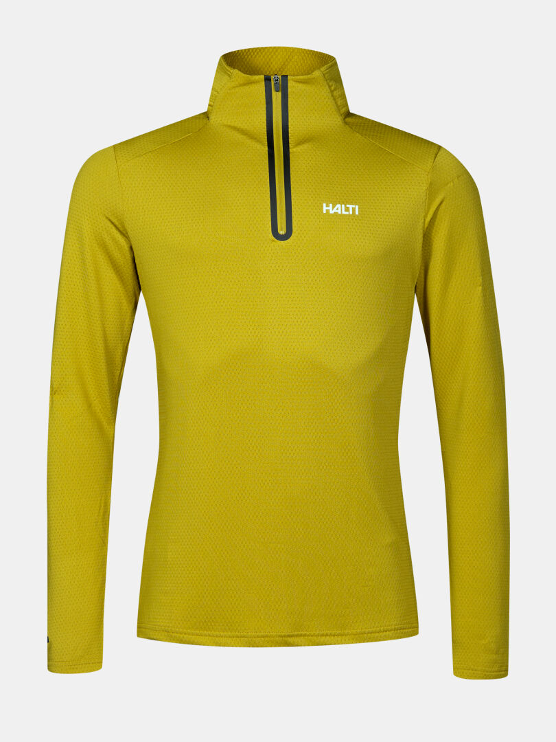 Jaako Tröja Herr by Halti: gul långärmad tröja med halv dragkedja, tillverkad av återvunnet tyg med Active Dry Sport Knit.