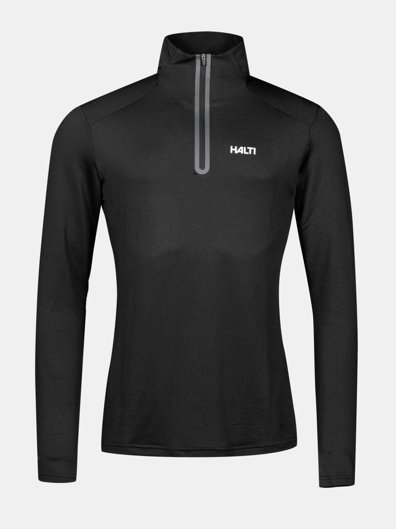 Jaako Tröja Herr från Halti är en svart långärmad tröja i Active Dry Sport Knit med kvarts dragkedja och logotyp på bröstet.