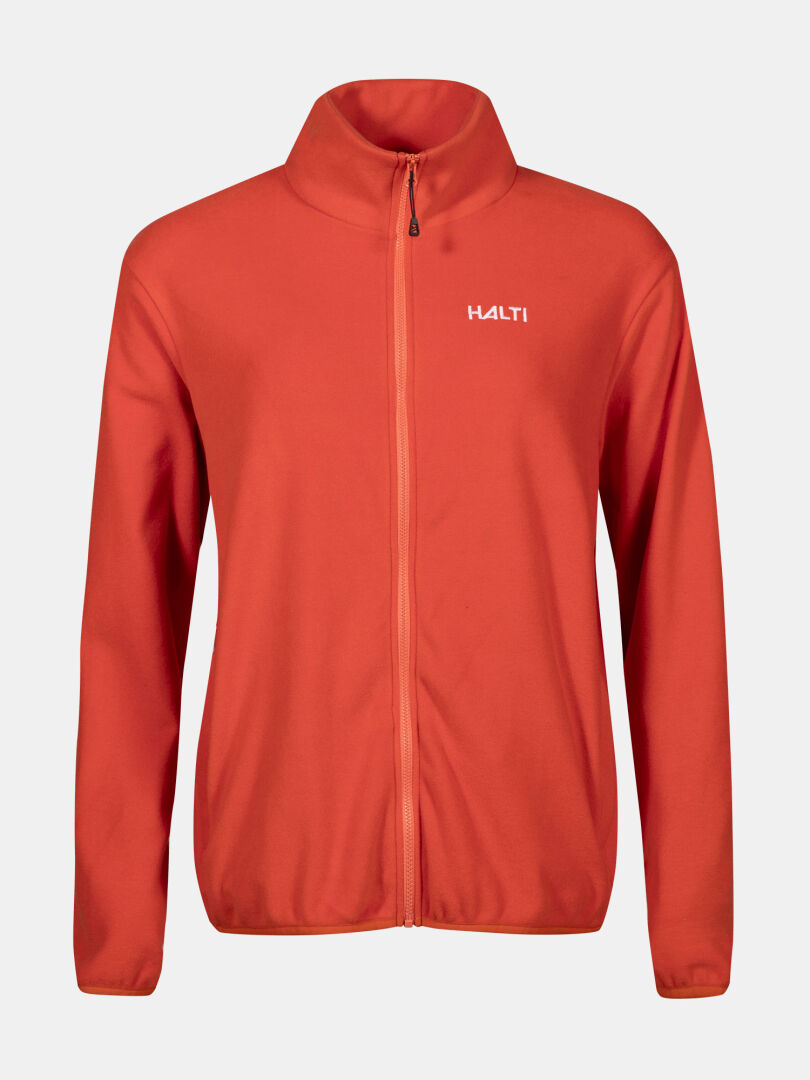 En enfärgad orange Rockmoon Fleecejacka Dam Plus från Halti med hög krage och logotyp på bröstet, mot vit bakgrund.
