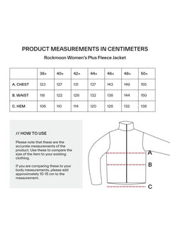 Storlekstabell för Halti Rockmoon Fleecejacka Dam Plus: bröst, midja & nederkant i cm. Diagram ingår.