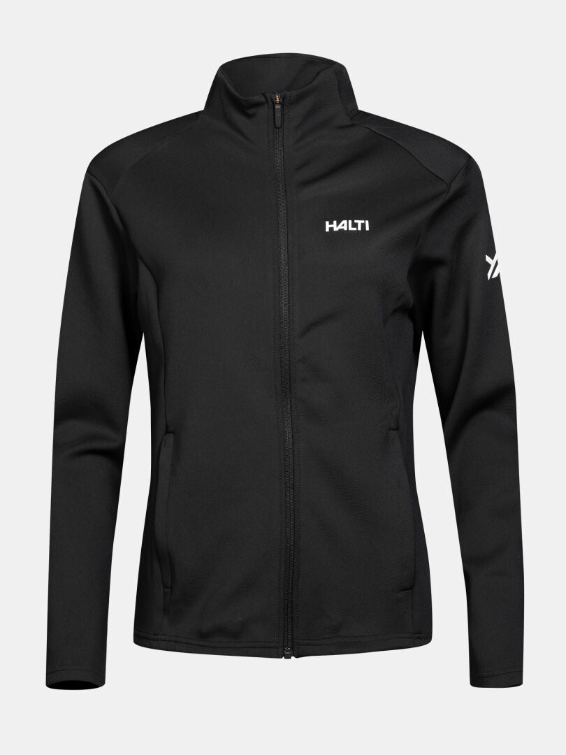 Halti Kivikko Mellanlager Dam: svart jacka med dragkedja, hög krage, två fickor, Halti-logotyp på bröstet och ärmen.