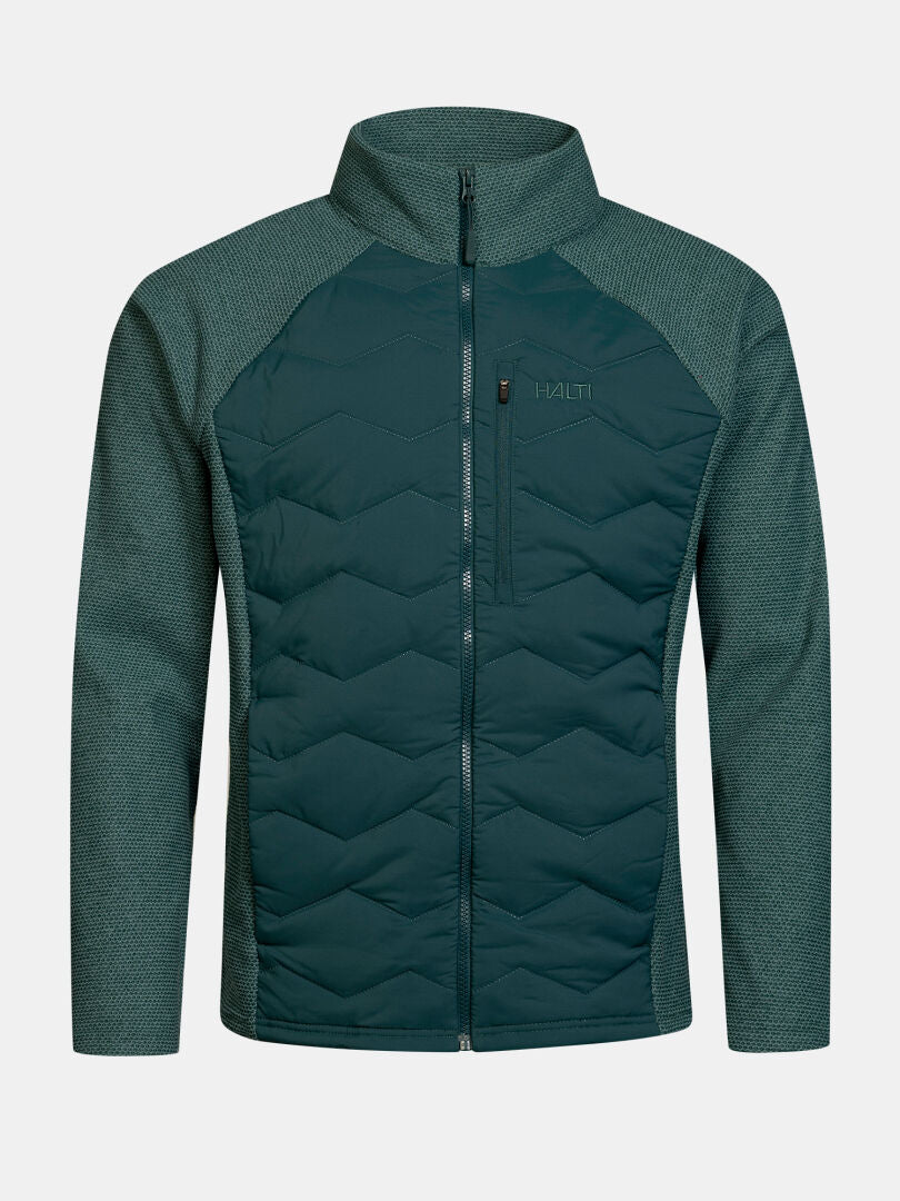 Halti Suomis Hybrid Mellanlager Herr: blågrön jacka med strukturerade ärmar, vindskyddande paneler, quiltad framsida och bröstficka.