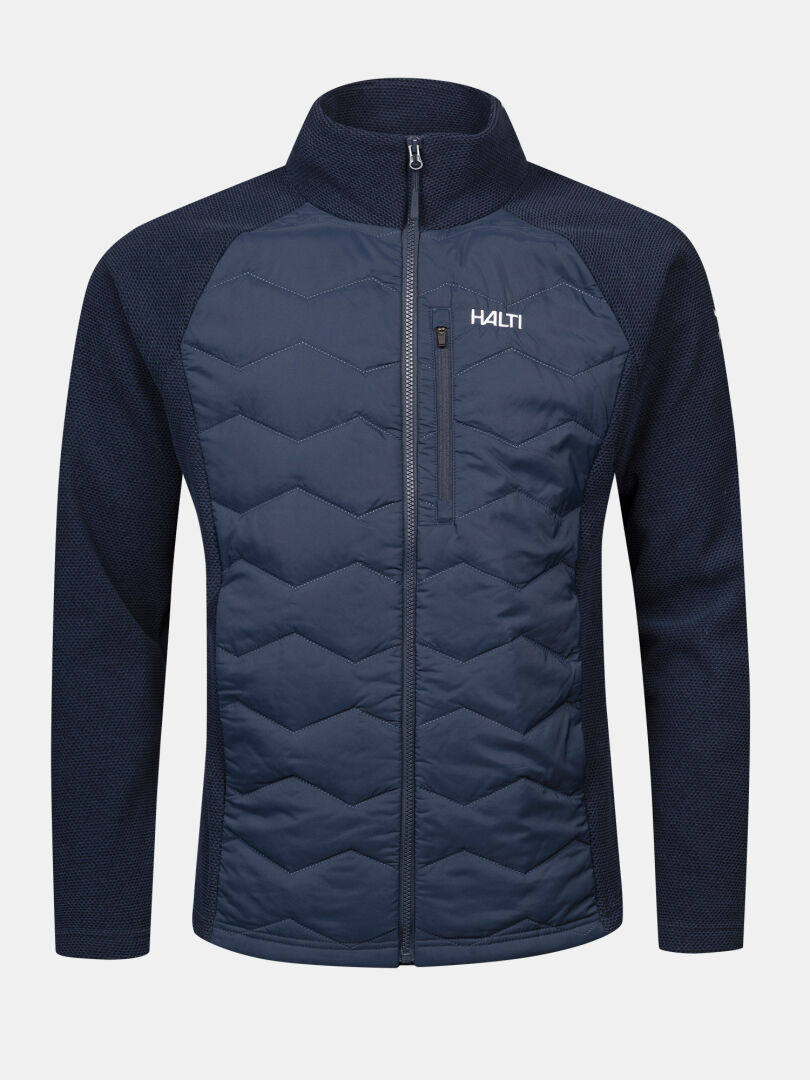 Halti Suomis Hybrid Mellanlager Herr: marinblå jacka med quiltad framsida, fleeceärmar och bröstficka med dragkedja.