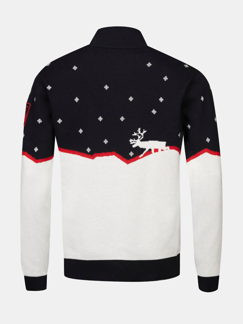 Halti Tauko Unisex-tröja, svart/vit, med ren- och rombmönster, röda kanter samt ribbade ärmslut och nederkant.