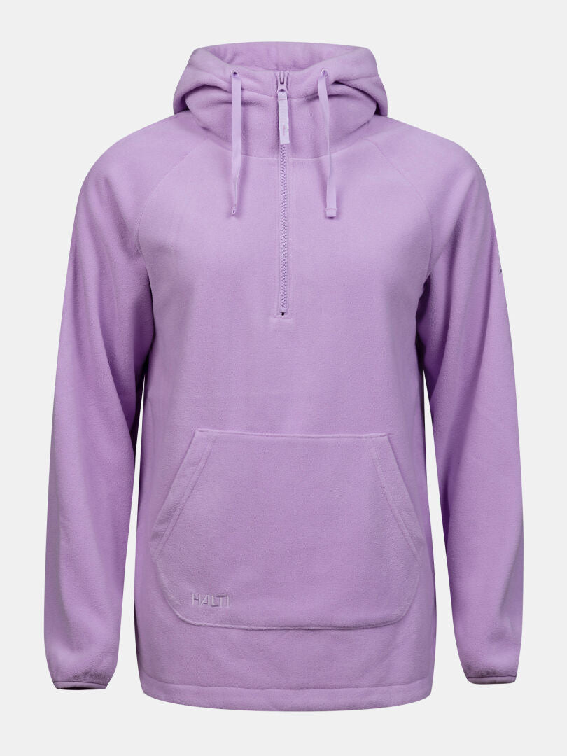 På bilden visas Halti Susanne Fleece Hoodie Dam Plus i ljuslila med halv dragkedja, känguruficka och huva med dragsko.