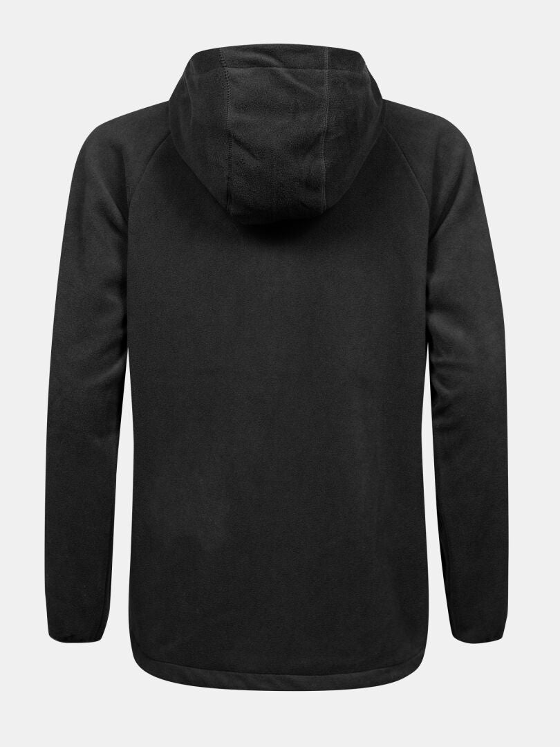 Halti Susanne Fleece Hoodie Dam Plus – svart, storlekar för större kroppsbyggnad, långa ärmar, huva uppdragen; avbildad bakifrån mot grå bakgrund.