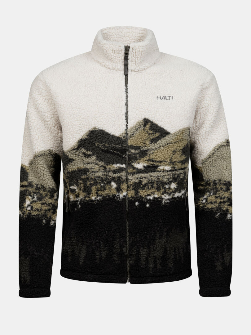 Halti Tunturit fleecejacka, unisex: Tryck med neutralt bergslandskap, fleece, Halti-logotyp på bröstet.