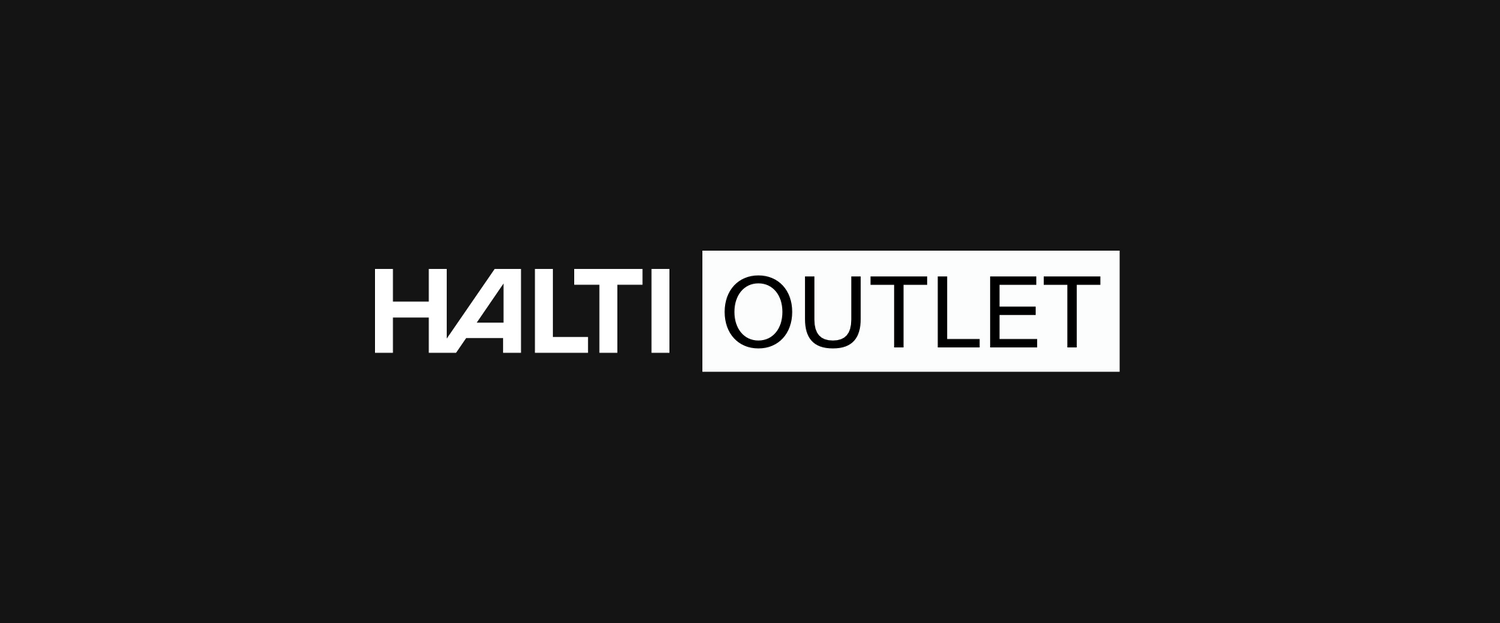 Halti Outlet-logotyp med HALTI i vit text på svart bakgrund och OUTLET i svart text på en vit rektangel.