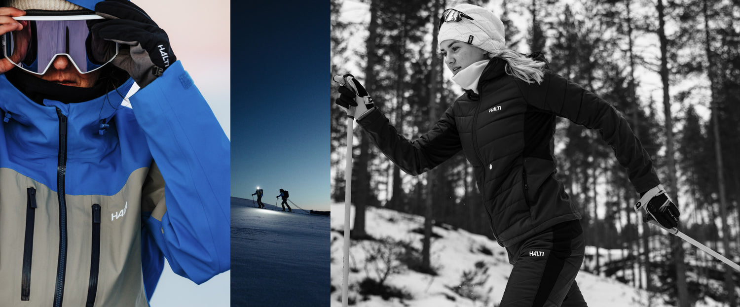 Halti skid- och längdåkningskläder i vinternatt – längdskidåkare och alpina plagg