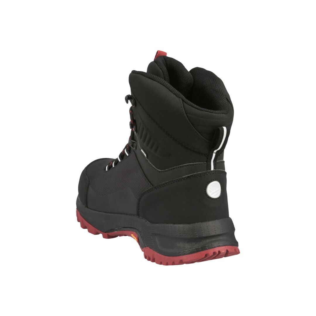 Halti Rorvik Herr Mid DrymaxX är en svart och röd ankelhög vandringskänga med en tjock Vibram-sula, sett bakifrån.