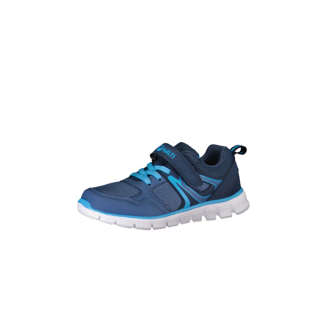 Halti Galahad Sneaker Junior är blå med ljusblå snören, kardborreknäppning och en vit Phylon-sula.