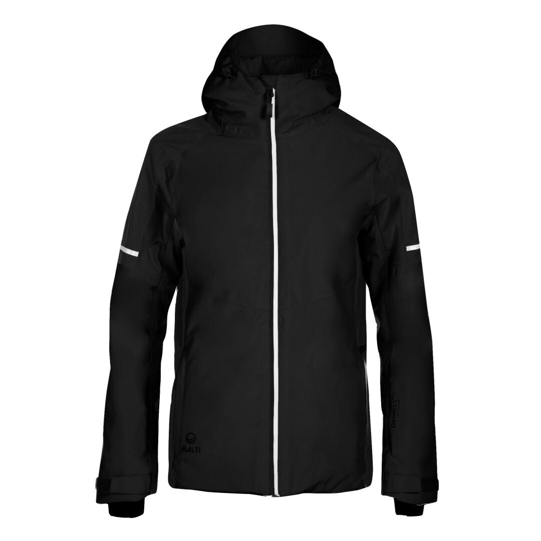 Halti Alexa Dam DrymaxX skidjacka, svart med reflexränder, tillverkad av återvunnen polyester, mot enfärgad bakgrund.