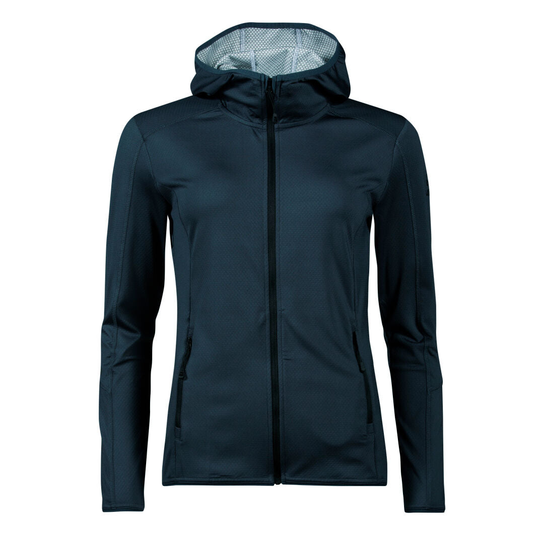 Halti Pallas Dam Mellanlager med huva, svart zip-up jacka i Active Dry-material, visa mot vit bakgrund.