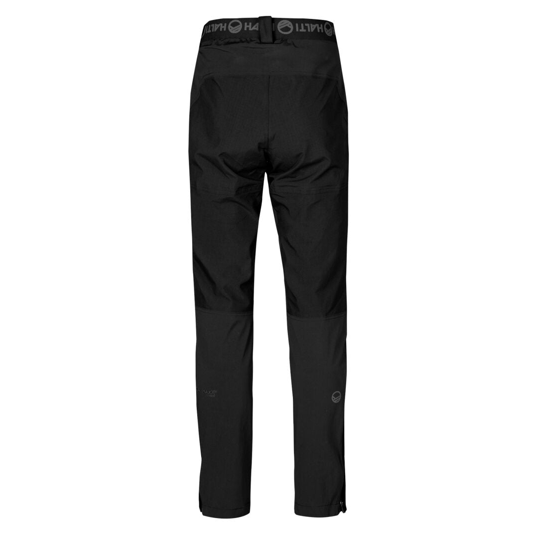 Baksidan av Halti Hiker Herr DrymaxX Byxor, svart med förstärkta knän och elastiskt midjeband med märkeslogga.