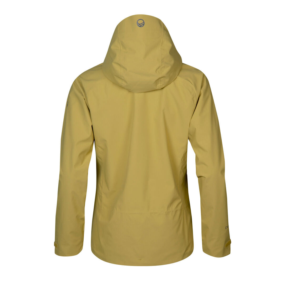 Halti Alma Dam DrymaxX Skaljacka i gult, tillverkad av återvunnen polyester, visas bakifrån på vitt.