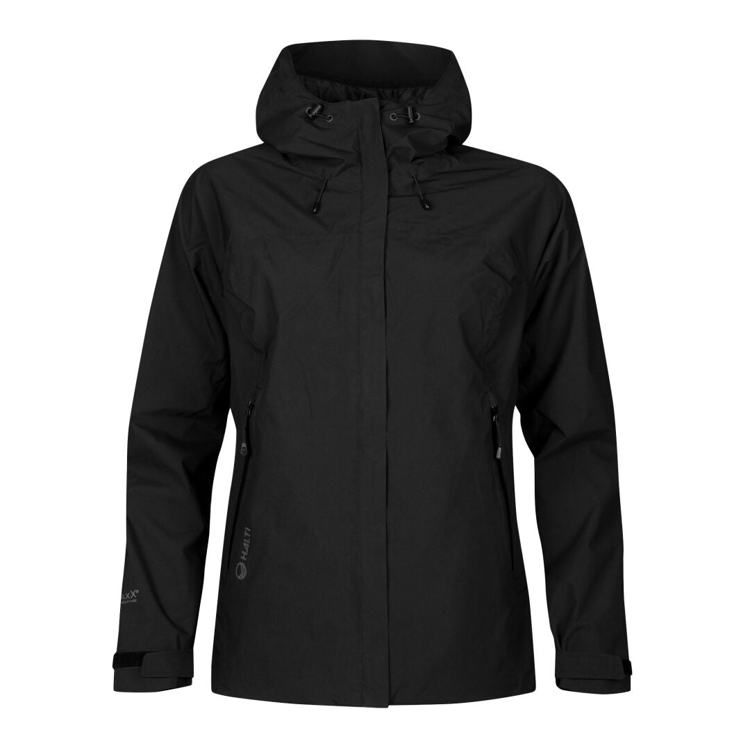 Halti Alma Dam DrymaxX Skaljacka är svart, i återvunnen polyester med en fluorfri vattenavvisande finish.