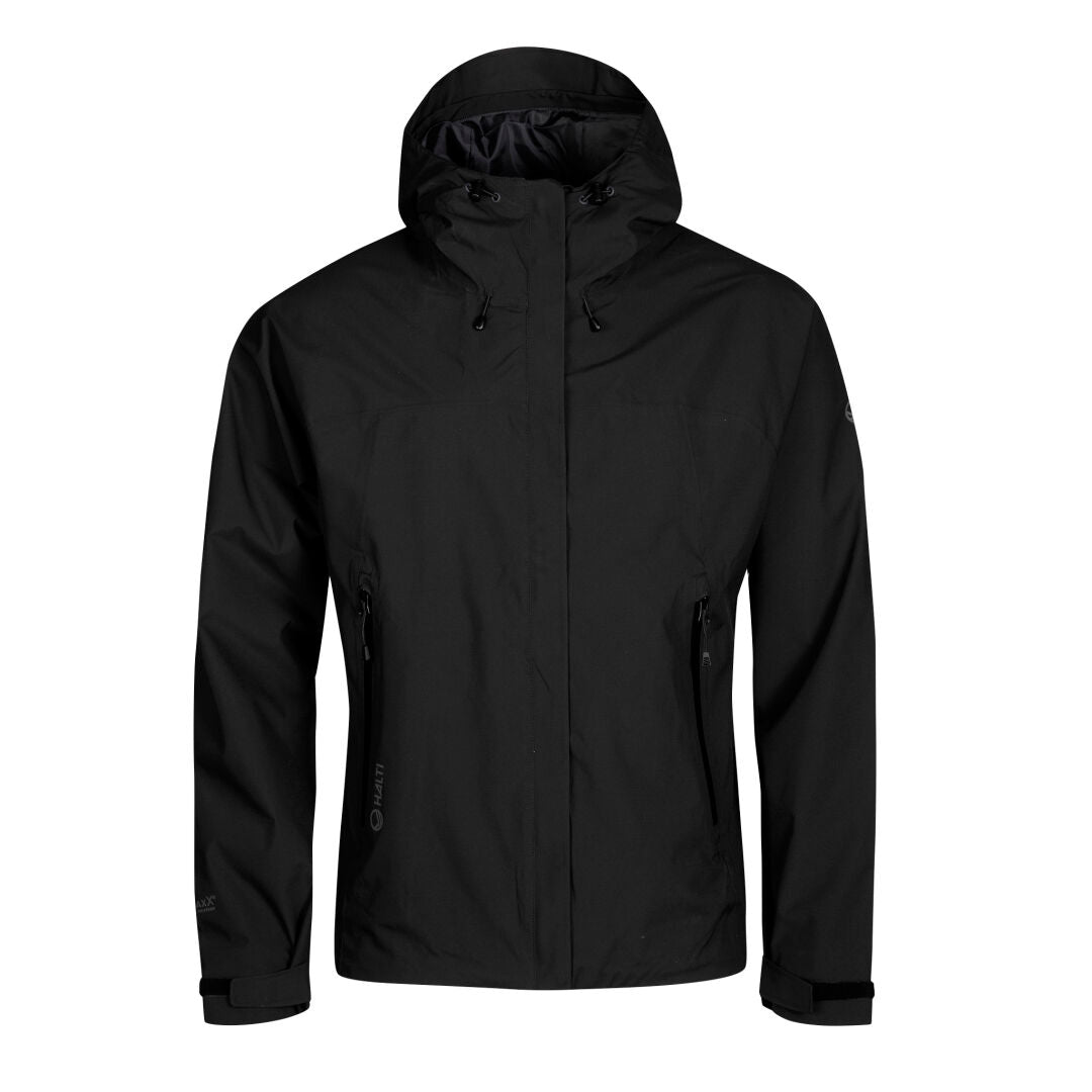 Halti Aro Herr DrymaxX Skaljacka är en svart herrjacka med huva i återvunnen polyester, visad på vitt.
